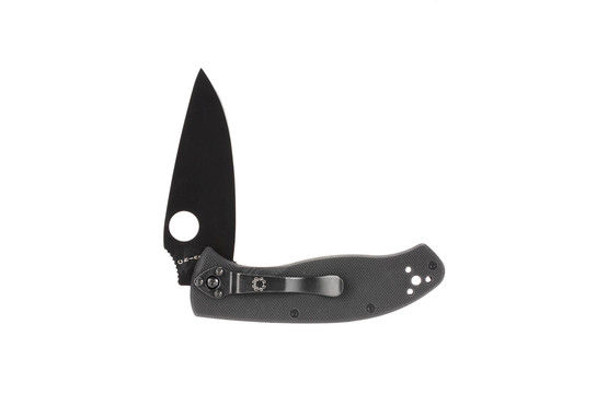 The manual opening spyderco tenacious knife has a plain edge and black oxide finish for a tactical look